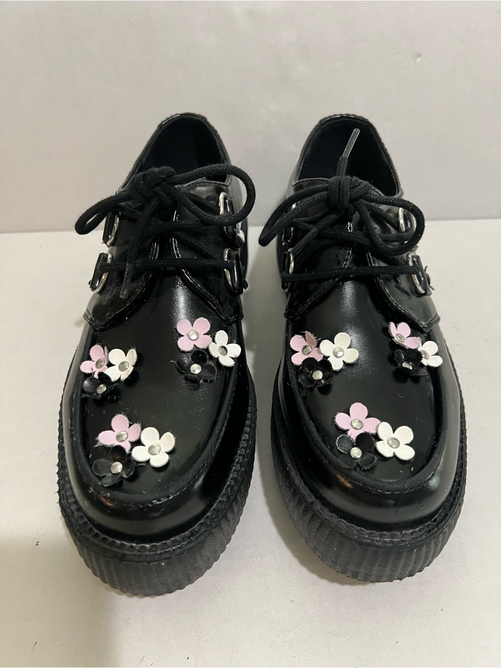 T.U.K Black Kids Shoes with Pink and White Floral Accents